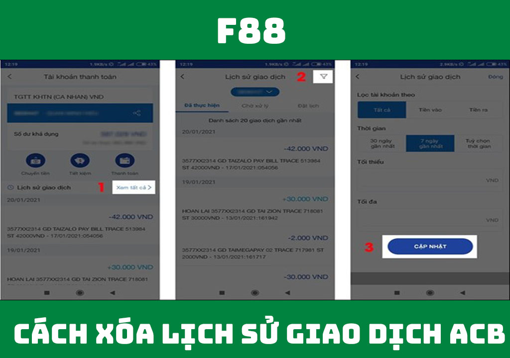 Cách xóa lịch sử giao dịch ACB